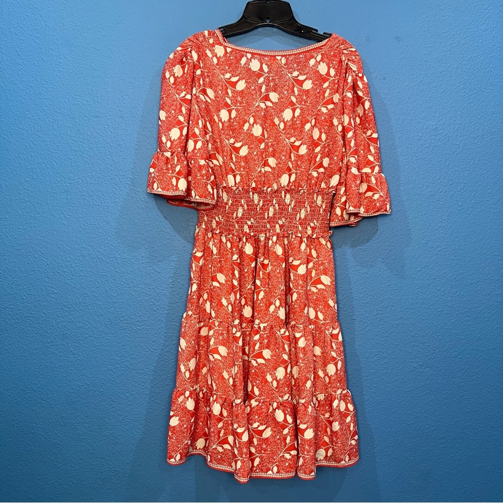 Max Studio Red Floral Smocked Fit Flare Dress Flutter Sleeve Women Small 9912D52 - Picture 2 of 16